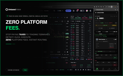 Untaxed Wallet :: Instantly trade Solana tokens from your browser sidebar across popular trading platforms — with zero platform markup.