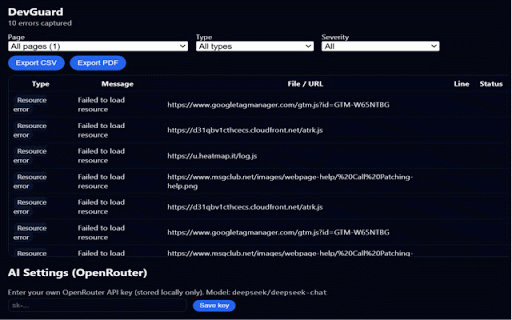 DevGuard – Web Error Monitor :: Captures JS, resource, and HTTP errors across websites. Filter, export, and get AI explanations via OpenRouter.