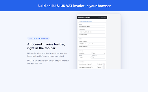VAT Invoice Generator :: Build a branded VAT invoice and export it as a clean PDF. Fully offline core. Not tax advice.