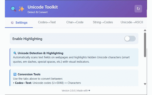 Unicode Toolkit - Converter & Highlighter :: Detect hidden Unicode characters with visual highlights and convert between Unicode, ASCII, and text encodings instantly