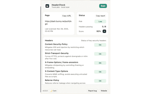 HeaderCheck :: Local security header audit. Runs offline. Made by YvonLabs.