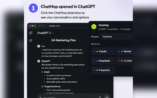 ChatHop :: Move AI chat context between leading AI assistants — without re-explaining from scratch.