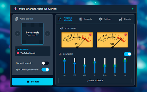 Stereo amplifier & true surround sound converter to 5.1 :: Converts stereo to true surround sound (5.1+). Also enhances Stereo 2.0 with EQ and Normalizer. Works on any site, even protected.