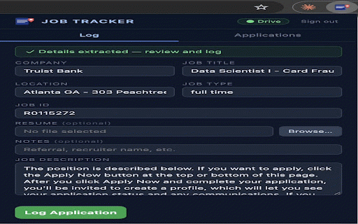 Job Tracker - Save to Google Drive :: Save job applications to Google Drive in one click. Auto-extracts job details from any job posting page.