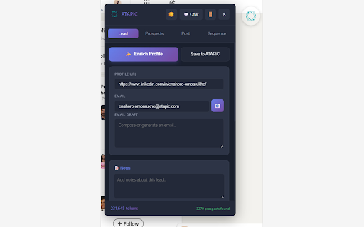 ATAPIC Companion :: Enroll LinkedIn leads in sequences, capture profiles, surface AI insights, and chat with Tapi from a browser side panel.