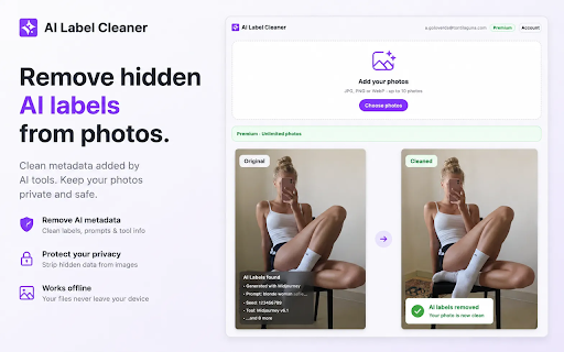 AI Label Cleaner — Remove AI Tags, C2PA Metadata and Instagram Photo Labels :: Strip C2PA, XMP and EXIF metadata from an image without uploading it. Runs the same cleaner as ailabelcleaner.com, in your browser.