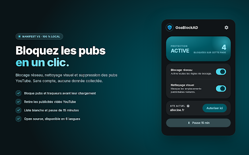 GoaBlockAD :: Simple, effective ad blocker: blocks ad and tracker requests, hides leftover ad slots and removes YouTube ads.