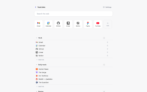 YourLinks :: Turn your Chrome bookmarks into a customizable new-tab homepage. Organize into folders, pin favorites, and find duplicates.