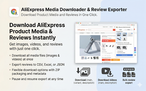 AliExpress Image, Video & Review Downloader :: Download AliExpress product images, videos & variant media in one click. Bulk export product reviews from any listing.