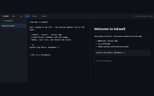 Inkwell :: A fast, local-first Markdown editor with live preview that replaces your New Tab page.