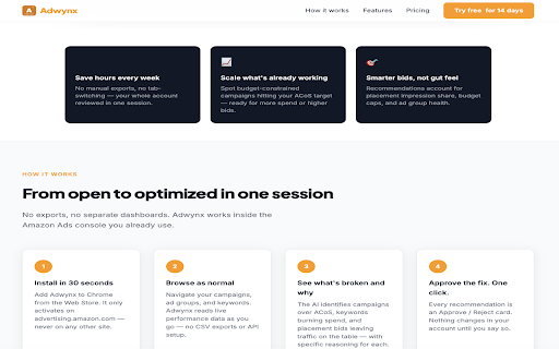 Adwynx – Amazon Ads AI :: Amazon Ads AI for PPC & sponsored ads. Bid, keyword & budget fixes inside advertising.amazon.com. You approve every change.