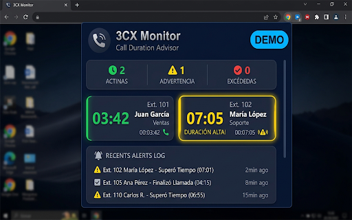 3CX Call Duration Monitor :: Monitorea duración de llamadas 3CX y emite alertas de audio cuando se acerca el límite de tiempo.