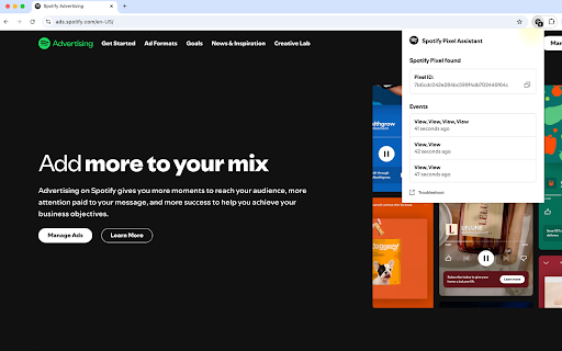 Spotify Pixel Assistant :: The Spotify Pixel Assistant operates in the background as you browse websites, detecting Spotify Pixel.