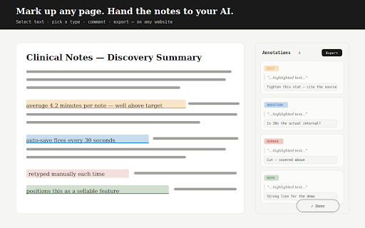 Stet — Annotate, Revise :: Select text on any page, tag it, and export a clean markdown brief to paste straight back into Claude or any LLM. Formerly Margin.