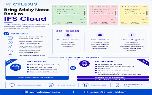 Cylexis Stickies for IFS Cloud (Free) :: Create, organize, and manage contextual sticky notes directly in IFS Cloud, linked to records, pages, and business objects.