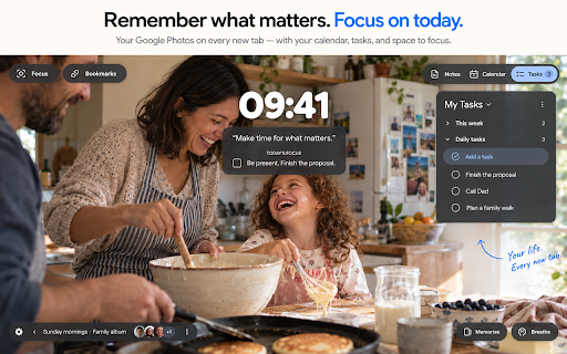 Google Photos New Tab: Focus Timer, Website Blocker & Gratitude :: Your photos on every new tab, plus a focus timer, a website blocker that closes work email after hours, and daily gratitude.