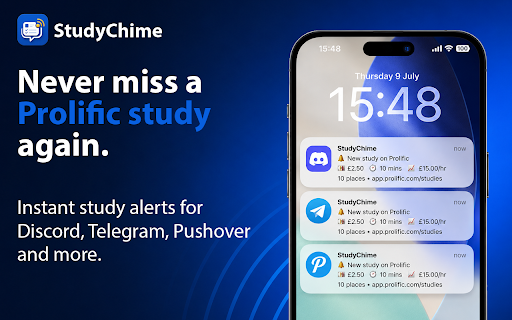StudyChime - Prolific Study Alerts :: Get instant Prolific study alerts in Chrome or on your phone through Discord, Telegram or Pushover.