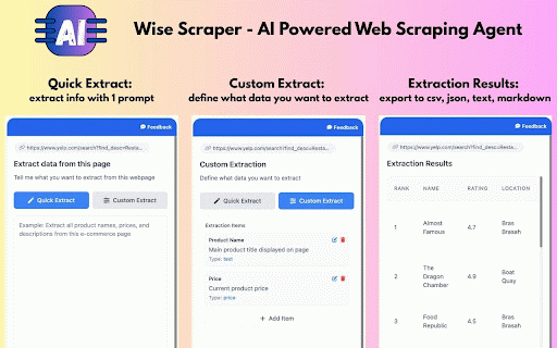 Wise Scraper - AI Powered Web Scraping Agent :: Web scraper, powered by most advanced AI. Scrape and extract data from web pages with natural language prompts.