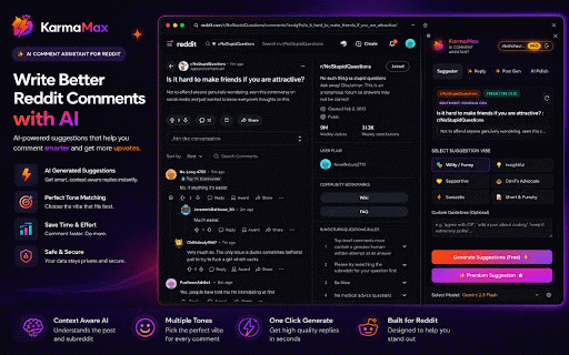Karma Max :: Suggests tailored, high-engagement comments based on Reddit post context using Gemini AI to maximize karma.