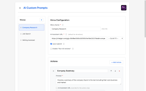 AI Custom Prompts :: Send selected text to your favorite AI Agent (ChatGPT, Gemini, Claude) with custom prompts and shortcuts.