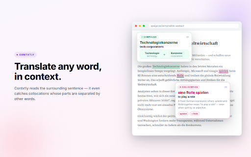 Contxtly :: Translate words in context as you browse. Save vocab and review with spaced repetition to learn languages naturally, all for free.
