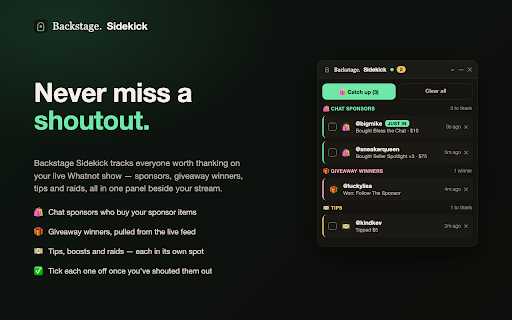 Backstage Sidekick: a Whatnot Mod Tool :: Free Whatnot moderator tools: one-tap chat phrases, sizes and emoji, a who-to-thank list for raids and tips, and prebid alerts.