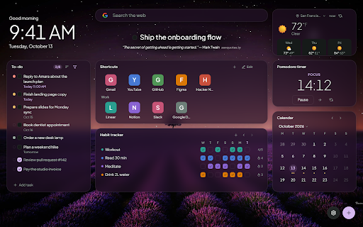 Firstlight — New Tab Dashboard: Widgets, To-Do, Weather :: A calm, customizable New Tab: drag-and-drop widgets for search, weather, to-do, habits, pomodoro, notes, RSS, and Google apps.
