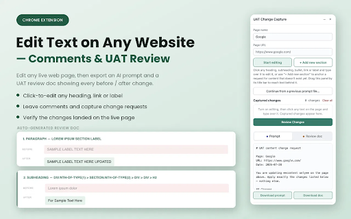 Edit Text on Any Website — Content Change & UAT Review :: Edit text on any page, generate a prompt to make the change, and review changes as UAT — simple to generate content changes report.