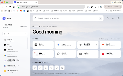 Nook — New Tab :: A calm new tab with bookmarks, smart shortcuts, and browser tools.