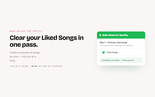 Bulk Delete for Spotify :: Bulk unlike your Spotify Liked Songs: filter, preview, and remove many at once. Runs in your browser, no account needed.