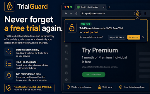 TrialGuard - Free Trial Detector & Cancellation Reminders :: Detect free trials before you forget them. Get local reminders before they turn into unwanted charges.