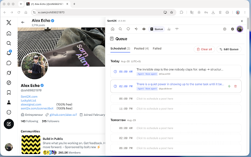 Sent2X for X :: X scheduler + AI replies on desktop. Find posts worth replying to, draft in X's own box. Free: 10 posts/mo.