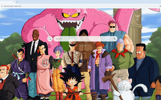 Dragon Ball Live Wallpaper :: Young Goku with Power Pole surrounded by original Dragon Ball characters with Majin Buu looming behind.