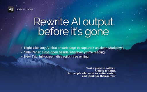 Mark It Down — Markdown Editor & Web Clipper :: Clip pages, AI chats, and RSS articles to Markdown. Edit in New Tab & Side Panel. Export PDF, DOCX, PNG. Local-first.