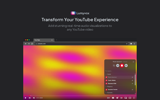 Lumyvox – YouTube Visualizer :: Lumyvox adds real-time audio visualizations to YouTube videos. Enhance your watching experience with beautiful audio visuals.