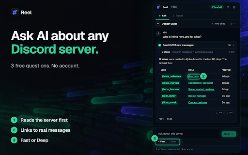 Reel - Discord AI Agent & Chat Exporter :: Ask AI about any Discord server inside Discord. 3 free questions. Discord chat export to Excel, CSV. Not affiliated with Discord.