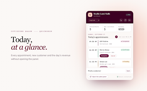 CutieCure Salon QuickDesk :: Nail salon appointments at a glance for CutieCure Salon: today's bookings, daily metrics, customer lookup and quick status updates.