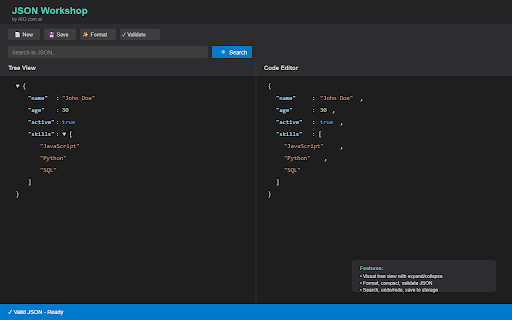 JSON Workshop :: View, edit, format, validate and work with JSON in a visual tree editor by AIO.com.ai