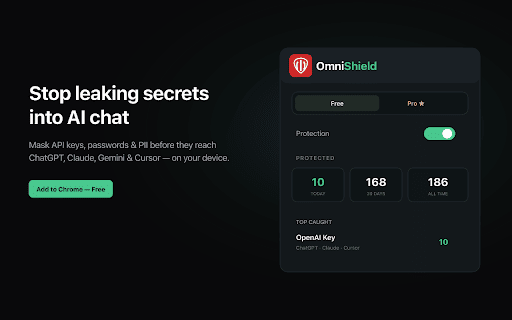 OmniShield - AI Privacy :: Mask API keys, passwords, and personal data in AI chats before they leave your browser. Runs 100% on-device.