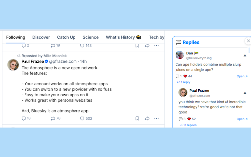 Bluesky Comments Reader :: Shows Bluesky post replies in a sidebar panel when you hover over a post. You don't have to click on post.