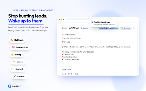 Lead Surf – Find & Engage Leads on LinkedIn :: Monitor LinkedIn for buyer signals. AI finds relevant leads and drafts your replies & connection notes. You send. No spam, no risk.