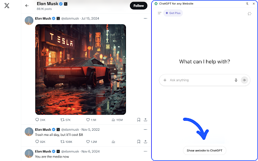 ChatGPT for any Website :: Use ChatGPT in a side panel on any website. Instantly send the page to ChatGPT and chat about what you're viewing