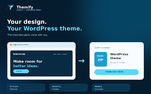 Themify.io convert website in wordpress theme :: Convert webpages into installable WordPress themes (.zip) with faithful animations. Runs 100% locally. Use only with permission.