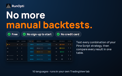 TradingView Strategy Optimizer & Backtest Automation - RunOpti :: No more manual backtests. RunOpti tests your TradingView strategy settings for you and finds the best ones. Free, no sign-up.