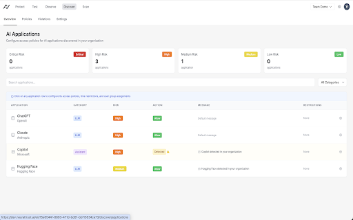 Discover by NeuralTrust :: Enterprise-grade monitoring and control for AI service usage across your organization