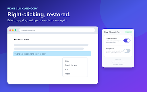 Right Click and Copy :: Enable right click, text selection, copying and dragging on blocked websites, with per-site controls and Strong Mode.