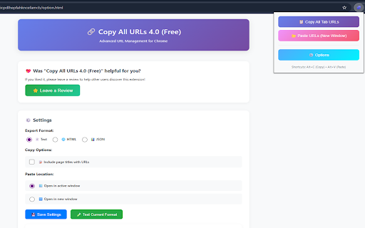 Copy All URLs 4.0 (Free) – Copy & Open Multiple Links :: Copy all tab URLs in one click. Paste to open multiple links. Export as Text/HTML/JSON. Fast, clean, keyboard shortcuts.