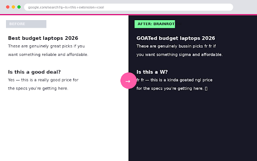 Brainrot Translator :: Turns any webpage into chronically online brainrot language. No cap, fr fr. Fully configurable.