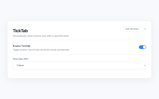 TickTab - Auto Close :: Automatically closes inactive tabs to save memory and keep your browser clean. Survives browser restarts.