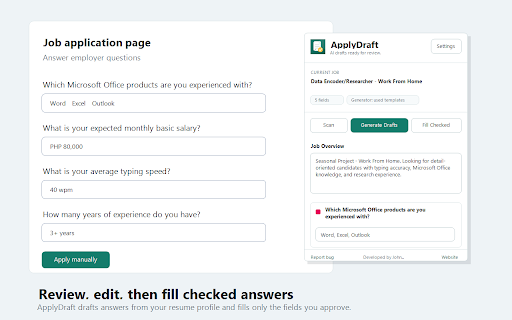 ApplyDraft :: Draft and fill job application answers from your resume after review.